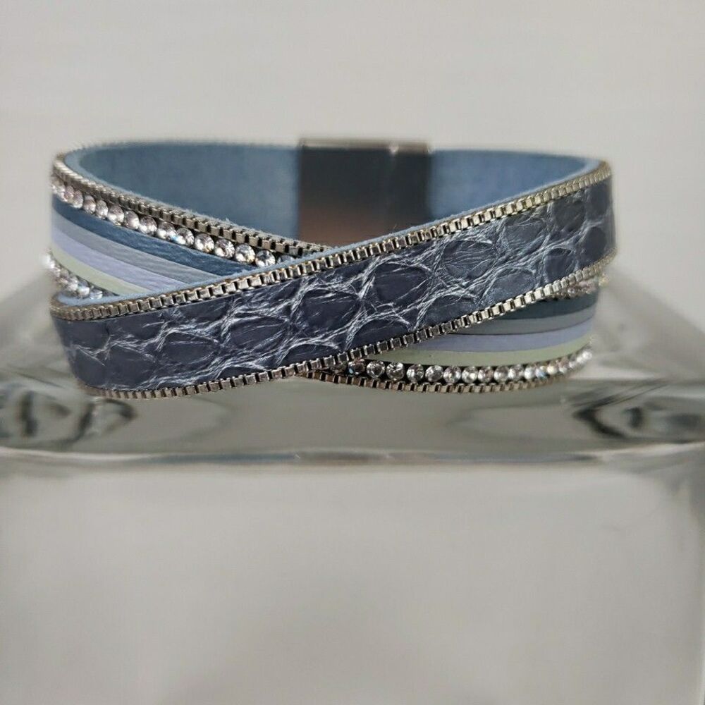 Double Band Blue Leather Bracelet Rhinestone Box Chain Cuff Magnetic Boho